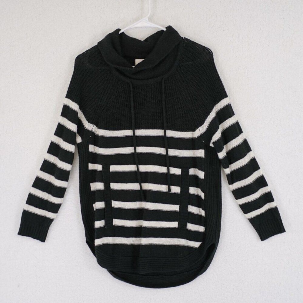 St. John's Bay PM Black White Striped Cableknit Shirttail Hem Cowl Sweater Acryl